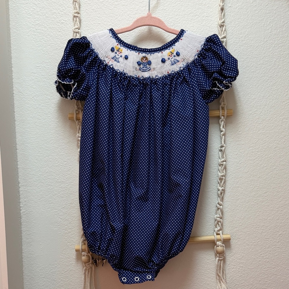 Classic Whimsy Navy Polka Dot Smocked Baby Bubble w/ Cheerleader Embroidery